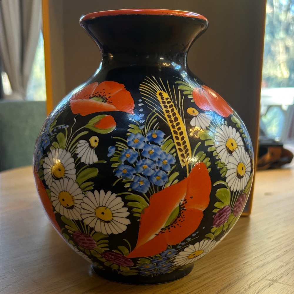 Vase vintage Chodská ceramic vase with a hand-painted floral motif